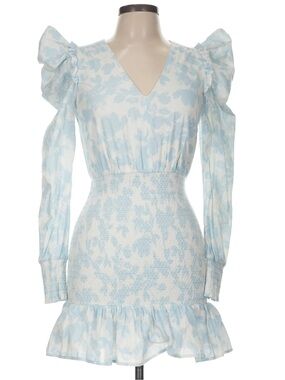 LINI Pale Blue Floral V-Neck Smocked Mini Dress XS